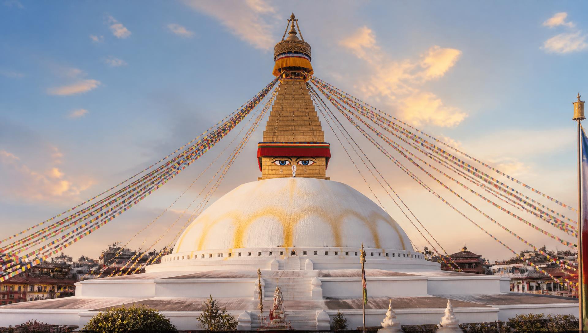 Boudhanath Stupa with Buddha eyes and prayer flags